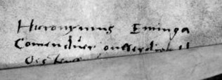 Handtekening van Hieronymus Eminge P. van Maerhusen commenduer onwerdich tho Oesterwerum.